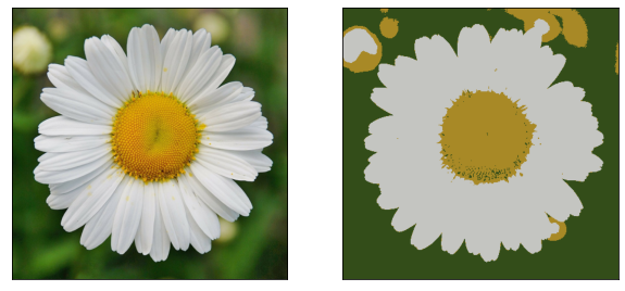 Example of segmentation on color
(left: original image, right: segmentation given as regions,
the colors of regions is the mean color of the pixels in the original image).