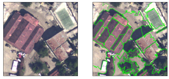 Example of segmentation on color with a constraint of the region size
(left: original image, right: segmentation given as borders).