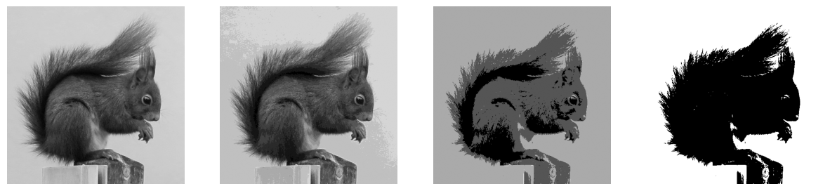 name: F:digital-images:quantization
width: 100%
Quantization of the same image with (from left to right)
256, 16, 4, and 2 gray levels.